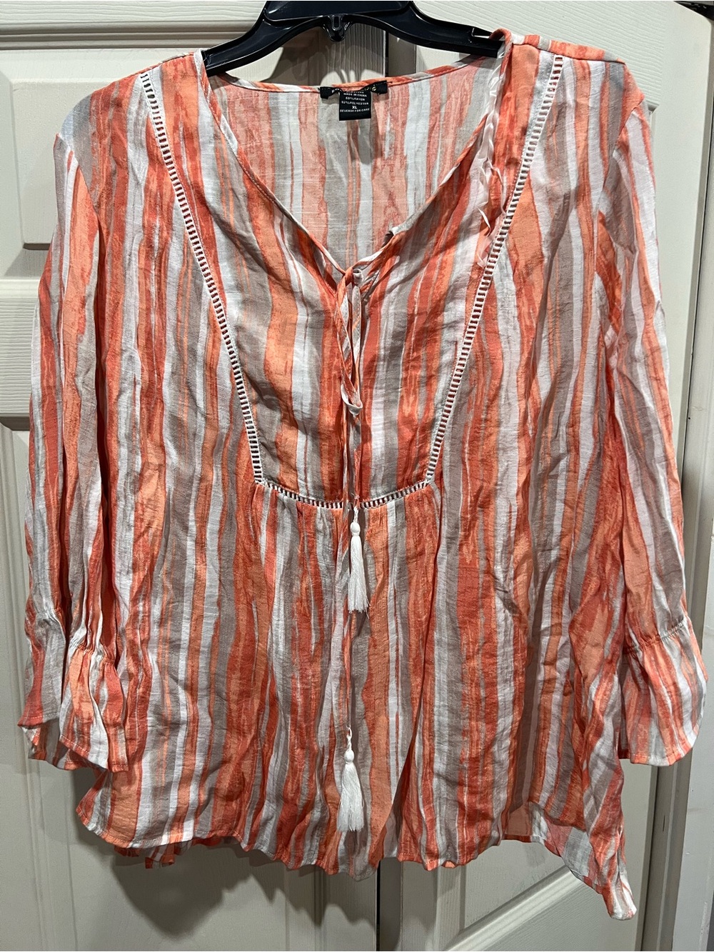 Robert Louis Orange and White Striped Peasant Top with Tassel Detail